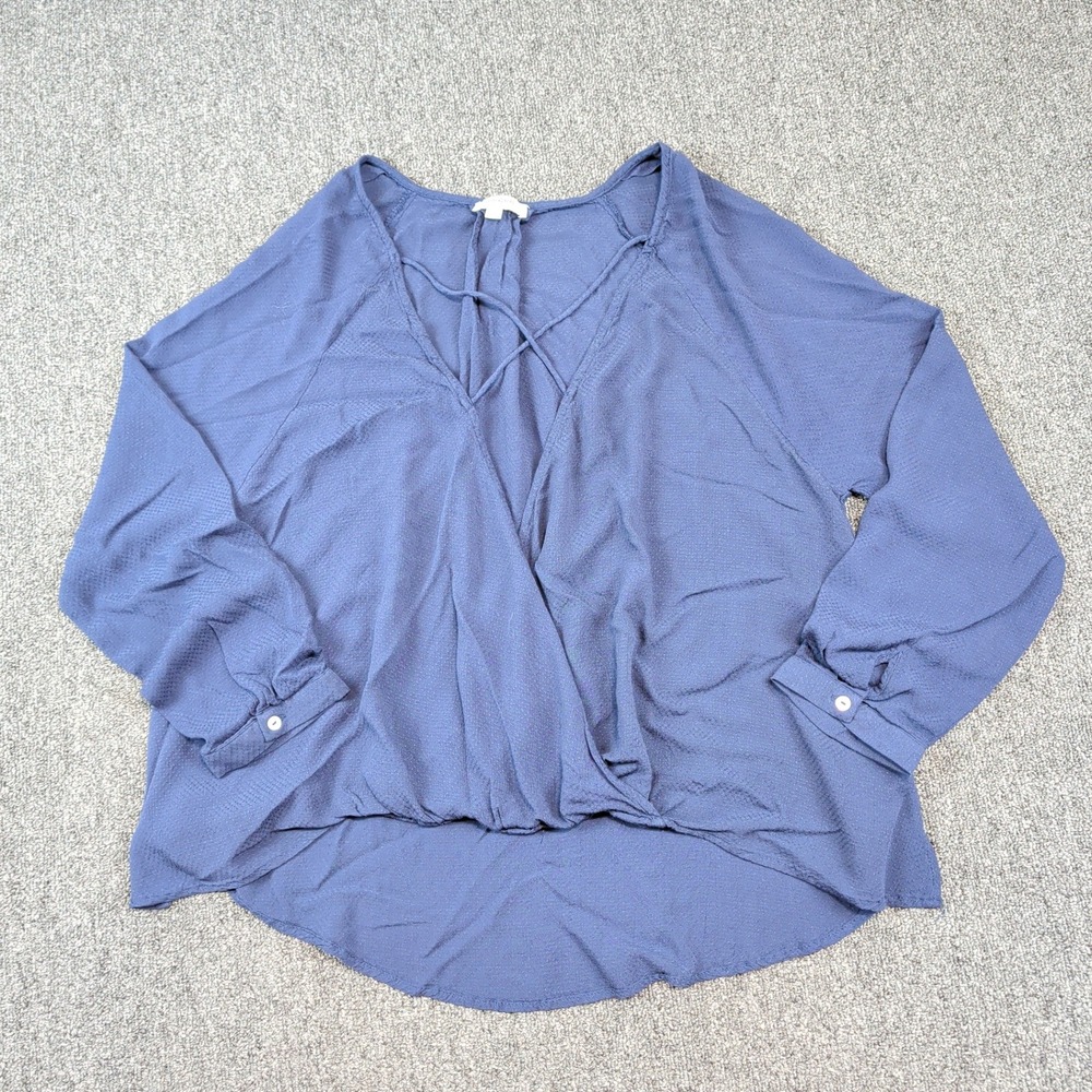 Umgee Boho Wrap Blouse Large Navy Blue Cotton Blend Strappy Neck Swiss‎ Dot Top